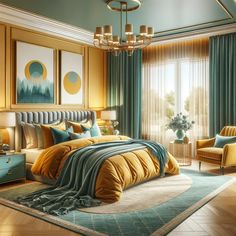 a bedroom with blue, yellow and green decor on the walls is pictured in this artist's rendering