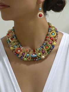 Colorful  Collar     Embellished   Women Fashion Jewelry Metal Beaded Chain Necklace, Multicolor Beaded Chain Choker, Colorful Metal Beads Necklace, Bohemian Chain Necklace For Jewelry Making, Bohemian Metal Beaded Necklaces For Party, Bohemian Beaded Necklaces For Party, Bohemian Beaded Choker Chain Necklace, Bohemian Multicolor Beaded Chain Necklace, Bohemian Beaded Chain Necklace With Round Beads