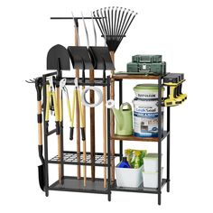 a metal rack with gardening tools and other items on it, including shovels, rakes, and buckets