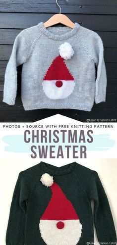 two knitted christmas sweaters with santa's hat on them and the text, photos - source with free knitting pattern