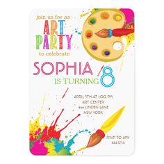 a birthday party card with paint splatters and an artist's palette on it