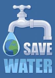 save water poster with tap and globe on blue background