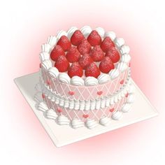 a cake with white frosting and strawberries on top