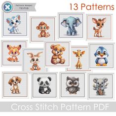 cross stitch pattern for children's animal pictures, including an elephant, giraffe, and other animals