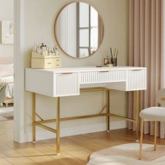 a white desk with a mirror on top of it