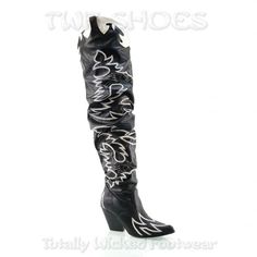 Western Over The Knee Boots pointed toe, chunky heel, faux leather upper and a thigh high slouchy fit shaft Decorated in that classic cowboy-style embroidery. (measured from US women’s size 9): Faux leather upper Man made textile lining Synthetic sole 3.5” heel height 20” shaft circumference at top 24.5” shaft height Slouchy fit pull-on shaft widens at the top Chunky western heel Pointed toe Return accepted within 30 days of purchase Please Protect the retail box with bag/box or paper & include Western Knee-high Boots For Spring, Spring Rodeo Knee-high Boots With Snip Toe, Spring Season Rodeo Knee-high Boots With Snip Toe, Spring Knee-high Boots With Snip Toe For Rodeo, Edgy Knee-high Heeled Boots For Spring, Edgy Spring Knee-high Heeled Boots, Spring Rodeo Knee-high Heeled Boots, Western Style Pointed Toe Knee-high Boots For Spring, Western Black Knee-high Boots For Spring