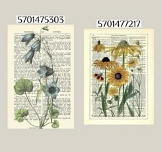 two pictures of flowers on an old book page with the same image as shown below