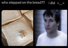 a man is staring at the bread on his face and then he has to eat it