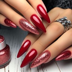 Don't forget to follow my profile :) Trending Red Nails, Red And Glitter Nails, Red Fall Nail Designs, Red Sparkle Nails, Ambre Nails, Nails Latina, Bad And Boujee Nails, Boujee Nails, Wife Nails