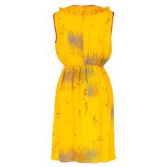 This yellow vintage dress features a vibrant and colorful floral print, making it a perfect statement piece for any occasion. The dress is made from a lightweight and flowy polyester fabric, making it comfortable to wear. The dress has a round frill neckline and is sleeveless, making it perfect for warmer weather. To complete the look, pair this dress with a pair of strappy sandals and a cute clutch. One-of-a-kind Vintage Dress3 buttons down the backSkirt section is lined.Thread belt loops intac Yellow Floral Print Midi Dress For Garden Party, Yellow Floral Dress With Ruffles For Garden Party, Yellow Dress For Garden Party, Yellow Floral Print Spring Dress, Yellow Floral Print Midi Dress, Yellow Floral Print Dress For Spring, Spring Yellow Floral Print Dress, Yellow Floral Dress For Garden Party, Spring Yellow Floral Print Midi Dress