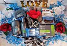 the gift basket is filled with groom's care products and flowers for his special occasion