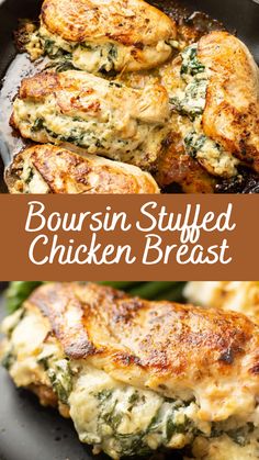 chicken breast in a skillet with spinach and cheese on top, and the words boursin stuffed chicken breast