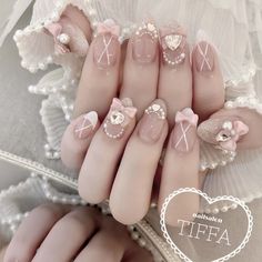 Cutesy Nails, Charm Nails, Adorable Nails, Coquette Nails, Acrylic Nail Set, Aesthetic Nails, Beauty Parlor