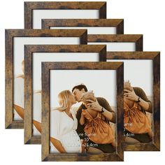 four wooden frames with two people kissing each other