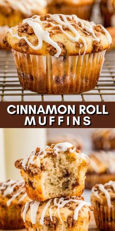 cinnamon roll muffins with white icing on top and in the background, there is