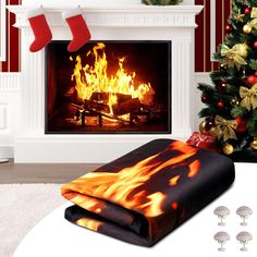 a christmas fireplace with stockings on it next to the fire place and other holiday decorations