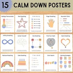 a poster with the words calm down posters on it and pictures of different things in them