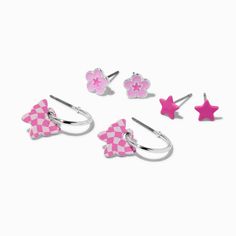 Claire's Pink Butterflies, Flowers, & Stars Mixed Earring Set - 3 Pack Cute Pink Hoop Earrings For Gift, Cute Pink Nickel-free Jewelry, Playful Pink Hoop Earrings Gift, Trendy Pink Hypoallergenic Jewelry, Cute Pink Jewelry With Matching Earrings, Playful Pink Jewelry With Star Charm, Trendy Pink Star-shaped Jewelry, Trendy Pink Jewelry With Star Charm, Cute Pink Jewelry With Star Charm