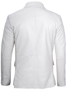 The Men's Two-Button White Leather Blazer is a sophisticated blend of classic charm and contemporary style. Crafted from premium white leather, this blazer offers a versatile and refined addition to your wardrobe. Men's Two-Button White Leather Blazer Specification: 100% Real Lambskin Leather. Internal fully lined with a skin-friendly soft polyester with quilted foam. Two-button style closure. Three outer pockets, two inside for better storage Solid off white color finishing. Make a lasting impr Classic White Blazer With Double Button Closure, White Sport Coat With Double Button And Notch Lapel, White Notch Lapel Sport Coat With Double Button Closure, White Notch Lapel Sport Coat With Double Button, Luxury White Outerwear For Business Casual, Luxury White Business Casual Outerwear, White Luxury Sport Coat With Hidden Button Closure, Luxury White Sport Coat With Hidden Button Closure, White Business Sport Coat With Hidden Button Closure