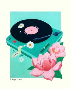 a painting of a record player and flowers