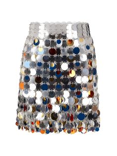 Button closure. Embellished with sequin discs. Model is wearing a size38 Sequins Mini Skirt, Edgy Glam, Multicolor Sequins, Sequin Mini Skirts, Cheap Gifts, Sequin Mini, Paco Rabanne, Moda Operandi, Modest Fashion