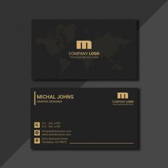 two black and gold business cards with a world map