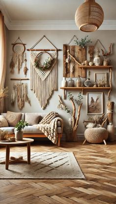 a living room filled with lots of furniture and hanging decorations on the wall above it