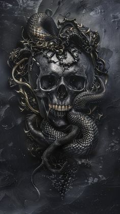 a skull with a snake on it's head is shown in this artistic photo