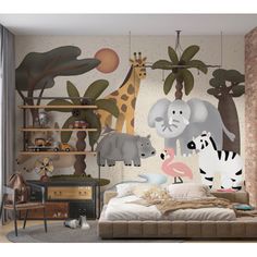 a child's bedroom with an animal mural on the wall and bed in front