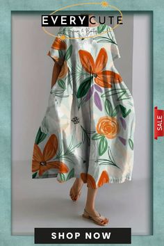 Women's Refreshing Casual Floral Design Printed Casual Loose Dress Casual Printed Midi Dress For Garden Party, Spring Multicolor Relaxed Fit Maxi Dress, Multicolor Relaxed Fit Maxi Dress For Spring, Casual Cotton Midi Dress With Floral Print, Casual A-line Maxi Dress With Floral Print, Casual Floral Print Dress For Daywear, Casual Orange Floral Print Maxi Dress, Spring Multicolor Relaxed Fit Dress, Casual Orange Maxi Dress For Garden Party