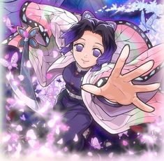 an anime character with purple hair and blue eyes, holding her hand up to the camera