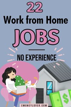 a woman sitting on a pink chair in front of a house with the words work from home jobs no experience