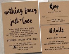 two brown wedding cards with black ink on them