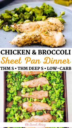 chicken and broccoli sheet pan dinner with text overlay