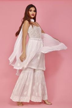 Shop for Label Aishwaryrika White Georgette Mehr Chikankari Kurta And Sharara Set for Women Online at Aza Fashions White Indian Dress, Kurta And Sharara Set, Kurta And Sharara, Chikankari Kurta, Resham Embroidery, Short Kurta, Sharara Set, Grad Dresses, Designer Gowns