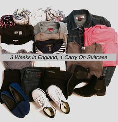 a pile of clothes and shoes sitting on top of a white floor with the words 3 weeks in england, 1 carry on suitcase