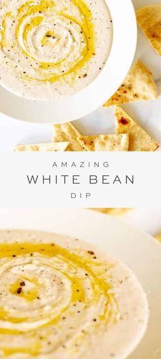 white bean dip in a bowl with tortilla chips on the side and text overlay reading amazing white bean dip