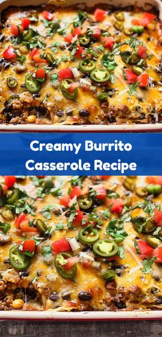 two pictures of a casserole dish with cheese and vegetables