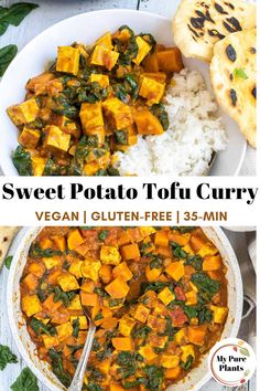 sweet potato tofu curry with white rice and spinach