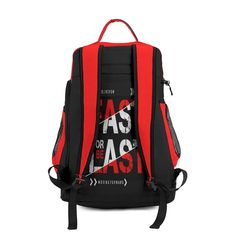 a red and black backpack with the words as for sale on it