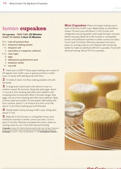 the recipe for lemon cupcakes is shown in this brochure, with instructions