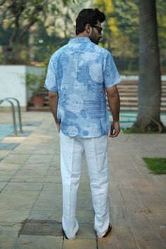 Blue half sleeves button down shirt crafted in 100% linen with all over Bali vibes print. - Aza Fashions Men Shirts Casual, Collar Neck, Men Shirts, Aza Fashion, Shirt Men, Half Sleeves, Printed Shirts, Bali, Casual Shirts