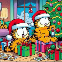 garfield the cat is opening presents by christmas tree