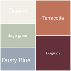 the words dusty blue, terracotta, sage green and burgundy are arranged in squares