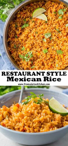 mexican rice in a pan with lime wedges and cilantro on the side