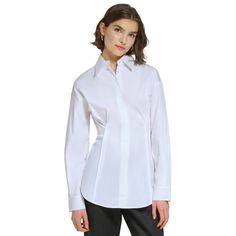 Calvin Klein Redefines The Essential Button-Front Shirt With Seamed Details, A Longer Hem And A Touch Of Stretch For A Perfect Fit, Point Collar; Front Button Closures Seamed Details; Shirttail Hem Extended-Shoulder Long Sleeves Cotton, Nylon, Spandex Machine Wash Imported Calvin Klein White, Calvin Klein Women, Calvin Klein Woman, Matching Family Outfits, Family Outfits, Calvin Klein Black, Sleeves (women), Womens Calvin Klein, Sleeve Cotton