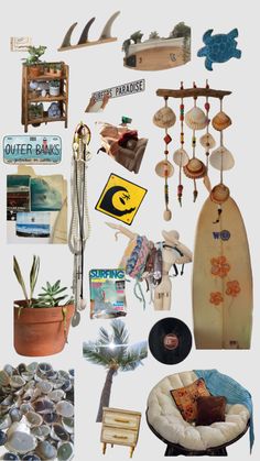 there are many different items that can be found in this collage, including surfboards and other things