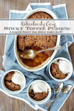 a bowl filled with pudding next to three small bowls of ice cream and spoons