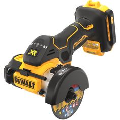 the dewal cordless grinder is yellow and black with two wheels on each side