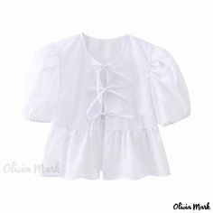 Olivia Mark - White Fashionable Ribbon-Trimmed Bubble Sleeve Shirt Blouse in Multiple Colors Puff Sleeve Shirt, Weave Style, Summer Fabrics, Crop Blouse, Botswana, Spring 2024, Women Lace, Outfit Casual, Middle Age